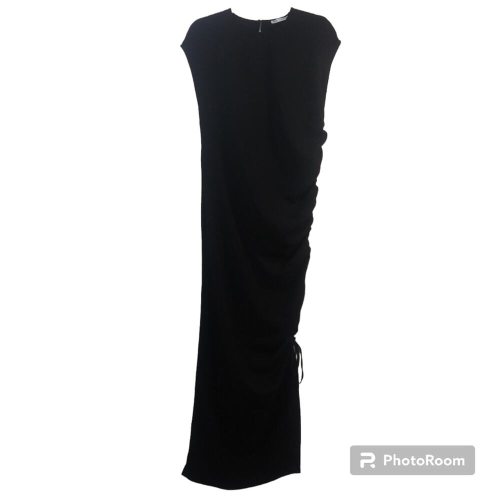 ZARA Black Gathered Side Ruched Midi Dress Size M